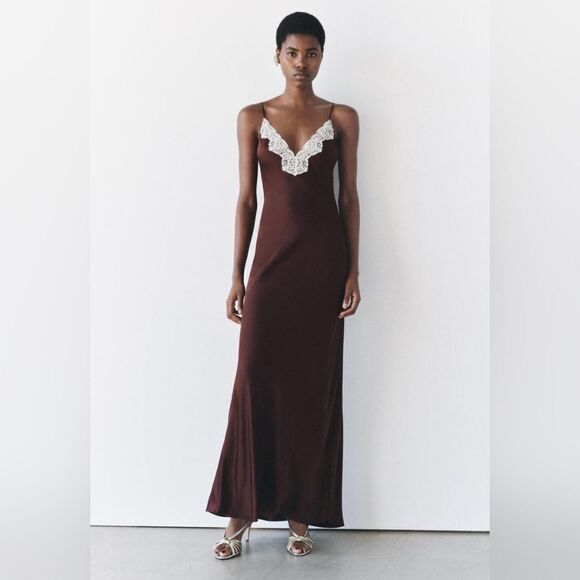 NWT ZARA LACE SLIP DRESS ZW COLLECTION satin silk maxi dress Lingerie Burgundy - Picture 13 of 16